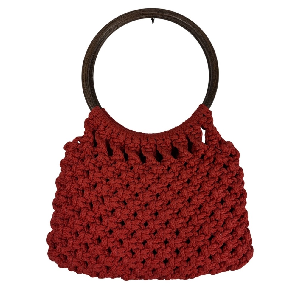 Crochet Shoulder Purse Coral Wooden Handle Thick Knit Boho Chic Polymer Bag